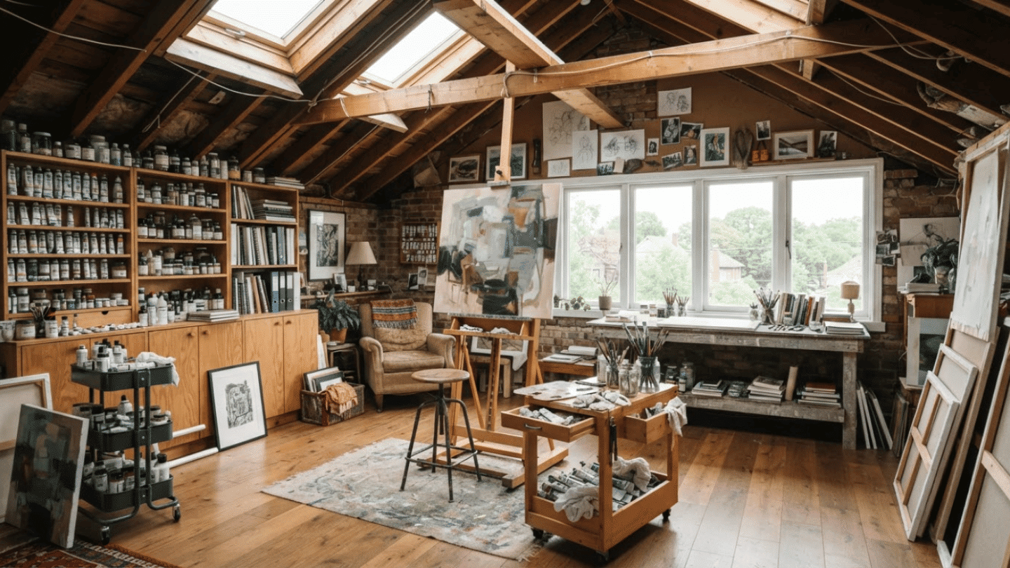 Attic art studio with natural light, easel, creative supplies, storage, and inspiring workspace setup.