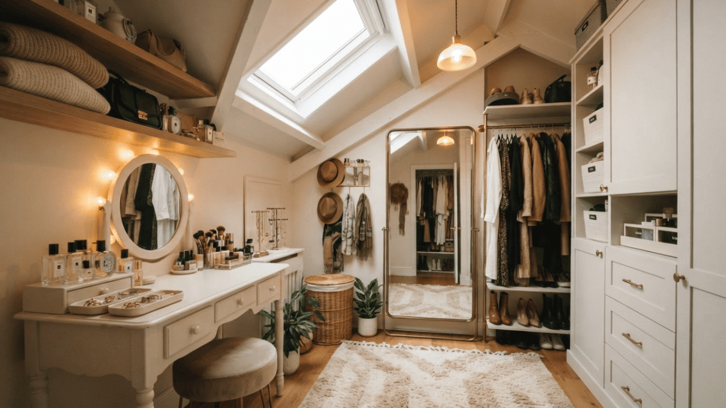 Attic dressing room with vanity, mirror, storage cabinets, lighting, and organized accessories.