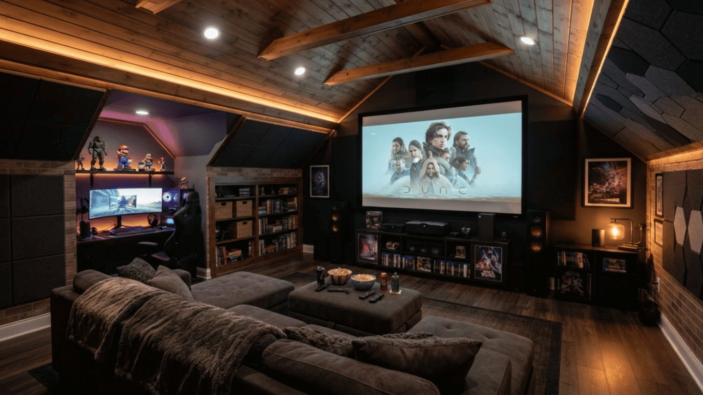 Attic entertainment room with screen setup, seating, gaming area, and acoustic features.