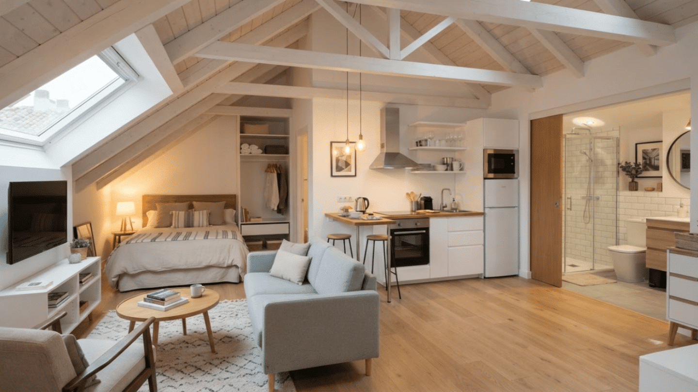 Attic guest apartment with bedroom, living area, storage, and comfortable independent setup.