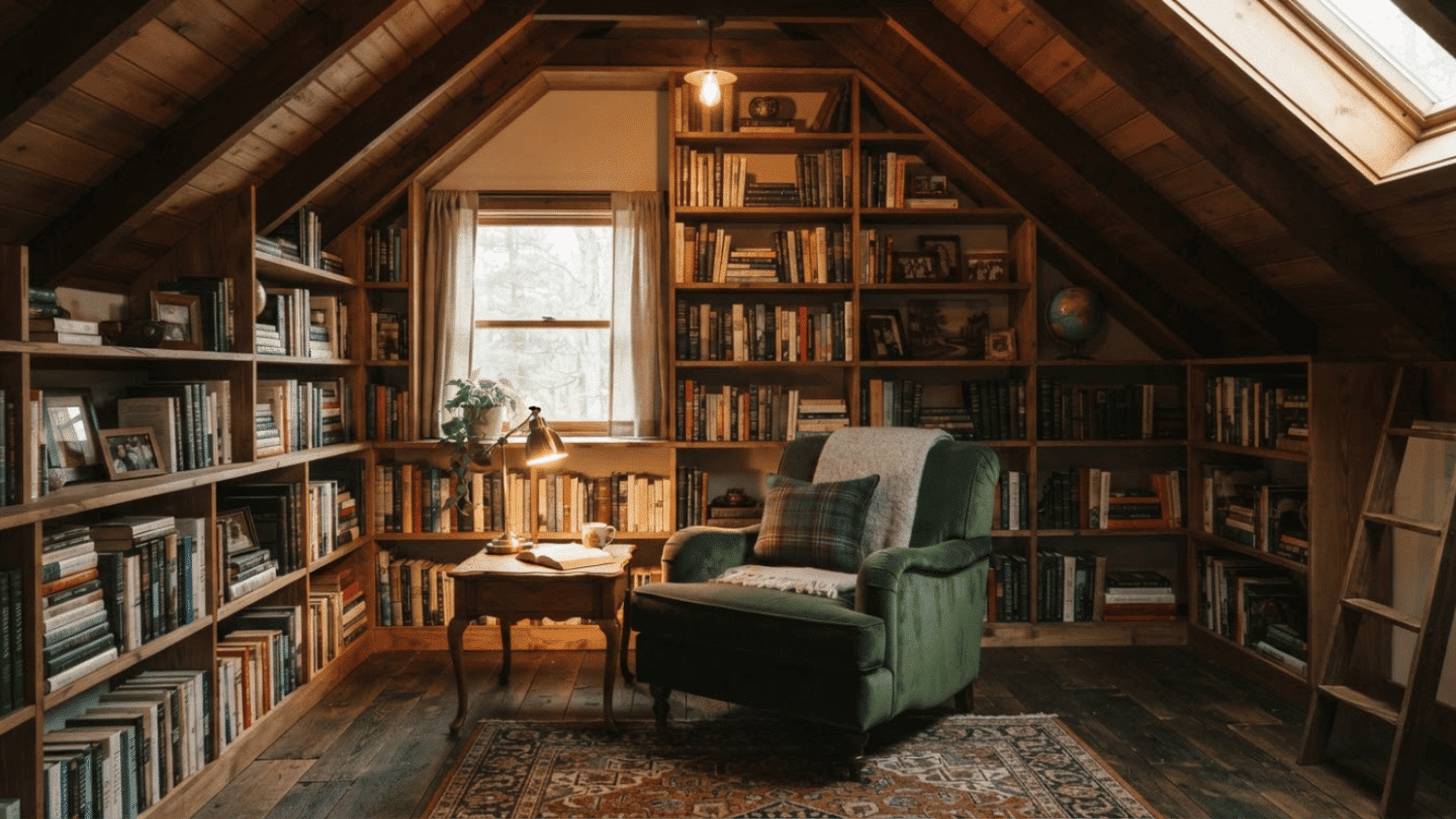 Attic home library with built-in bookshelves, reading chair, warm lighting, and organized book storage.
