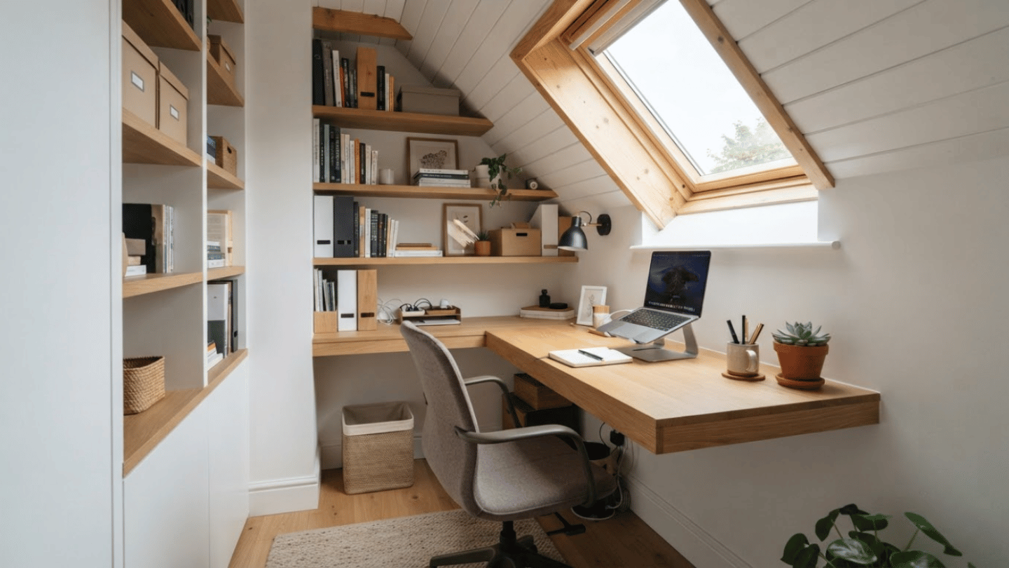 Attic home office with skylight desk, ergonomic chair, shelves, and organized workspace setup.