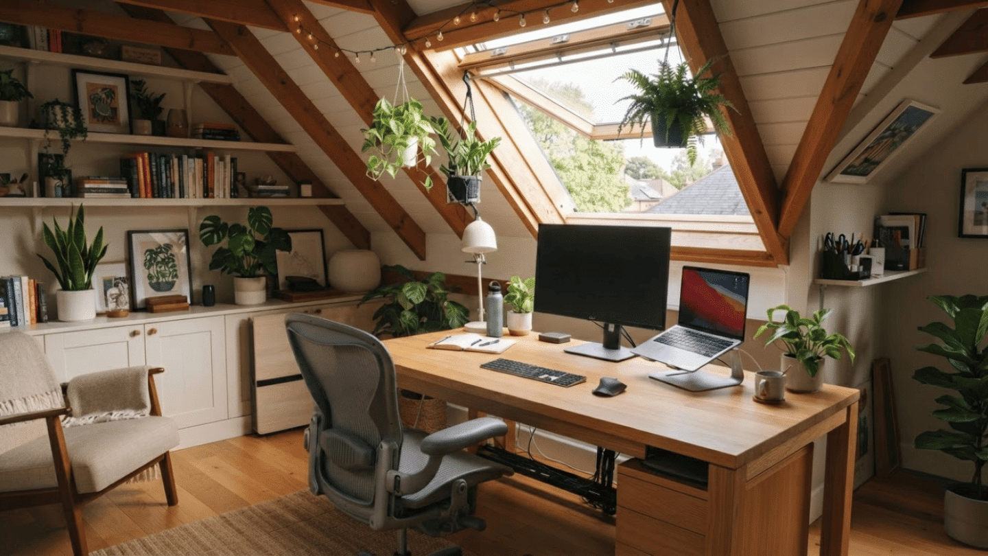 Attic home office with skylight desk, ergonomic chair, shelves, and organized workspace setup.