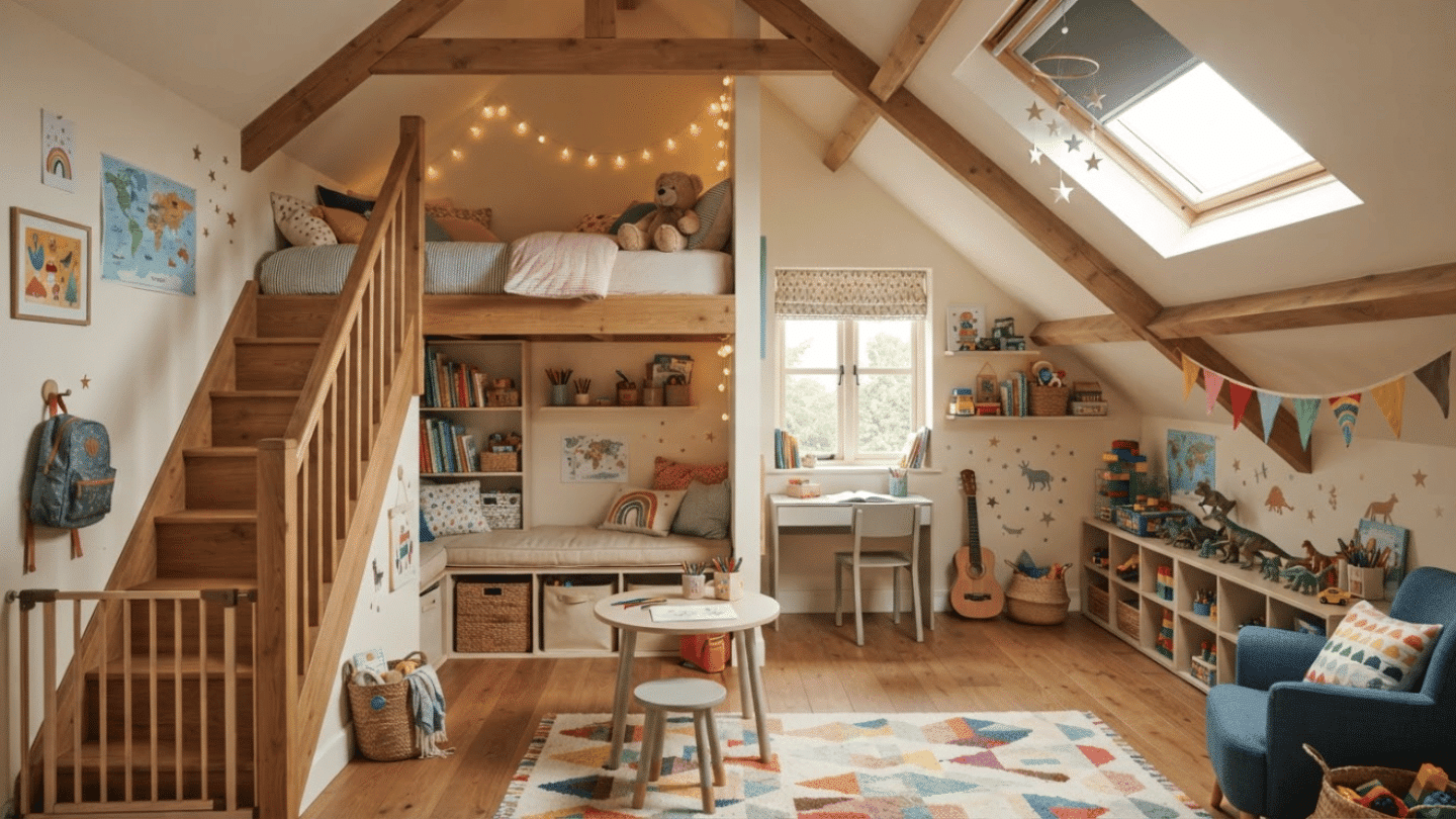 Attic kids bedroom with playful décor, colorful furniture, safe features, and smart storage ideas.