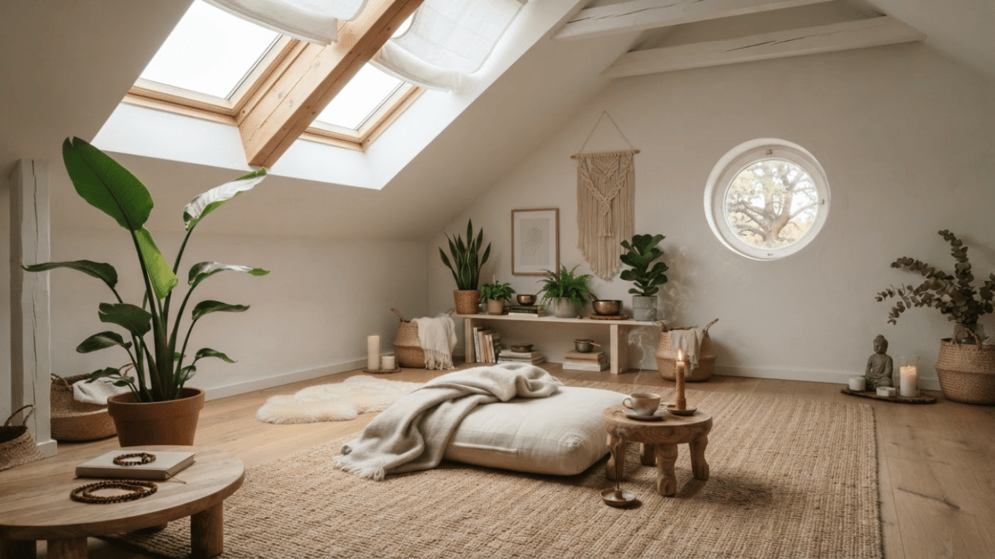 Attic meditation room with cushions, plants, soft lighting, and peaceful minimalist interior.