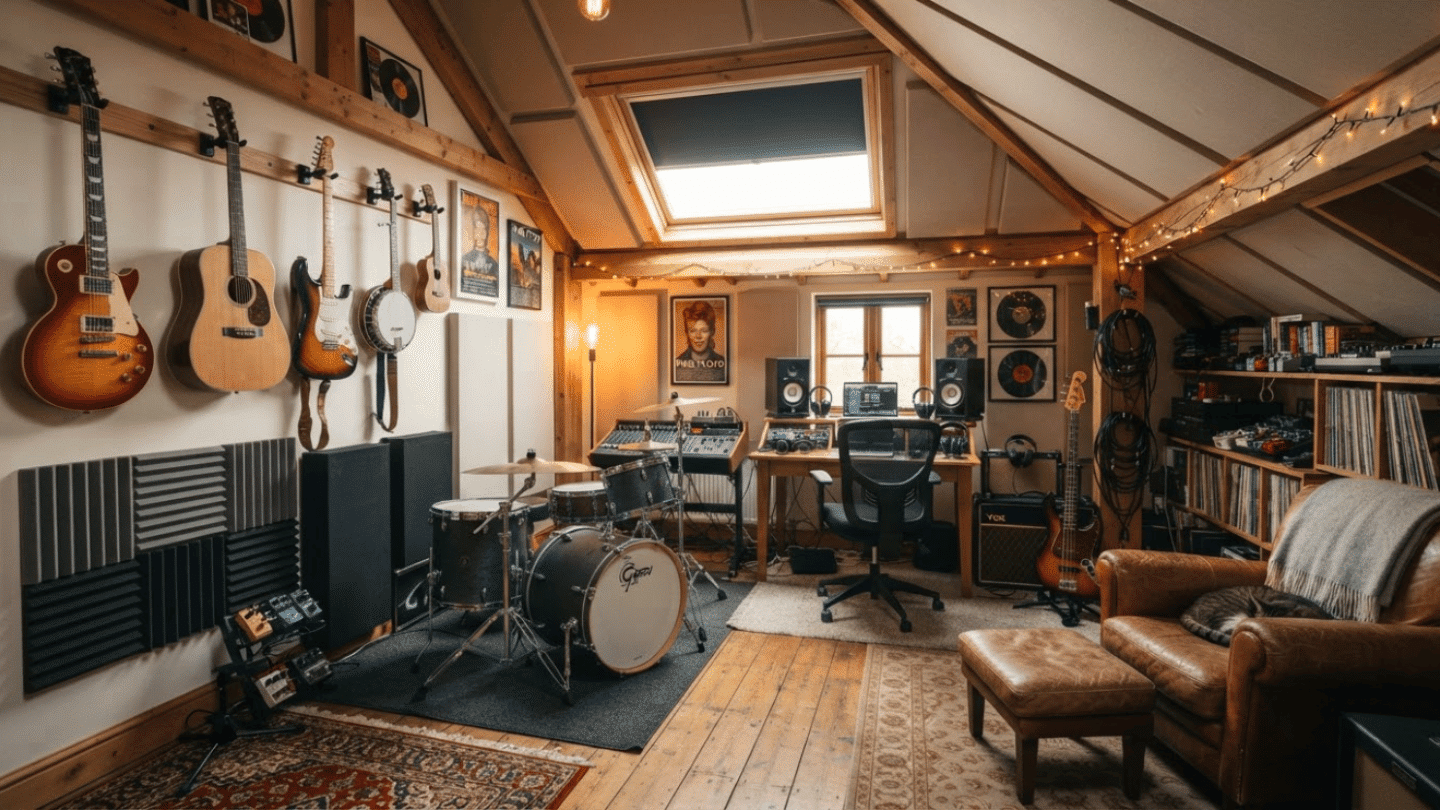 Attic music room with instruments, acoustic panels, seating, and organized creative space design.