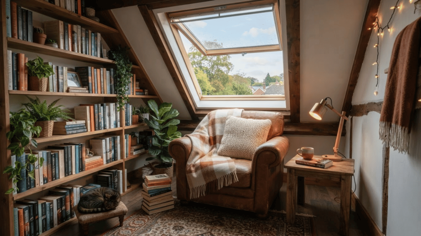 Attic reading nook with cozy chair, bookshelves, cushions, skylight, and relaxing atmosphere