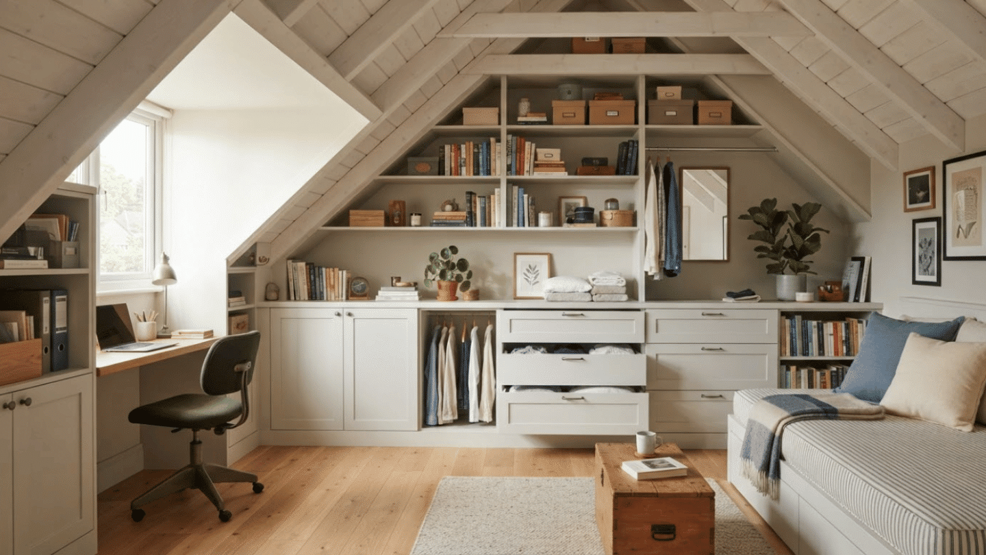 Attic room with built-in storage, custom cabinets, shelves, and organized space-saving design.