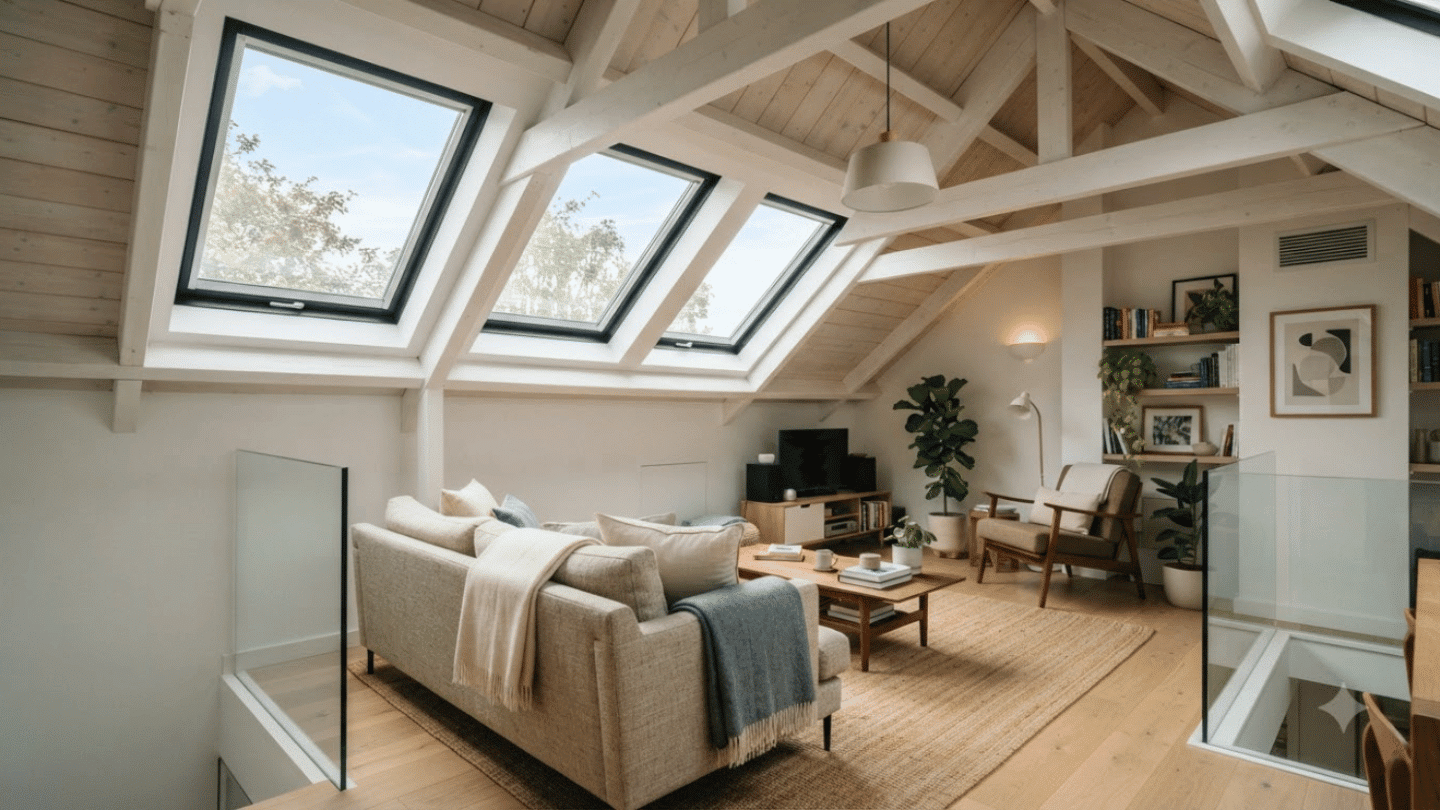 Attic room with skylights, natural light, modern furniture, and bright open interior design.