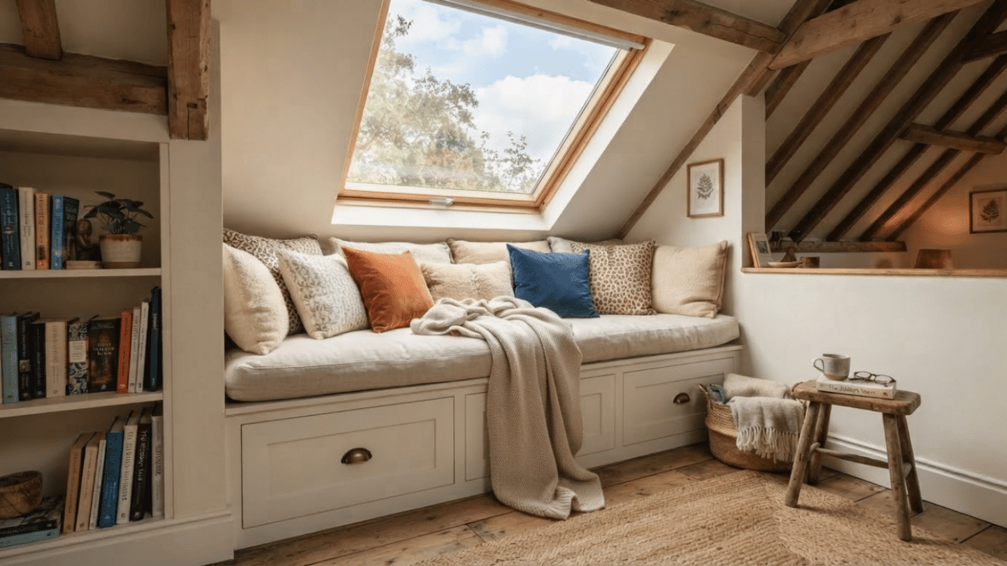 Attic room with window seat, cushions, skylight, storage, and comfortable reading corner.