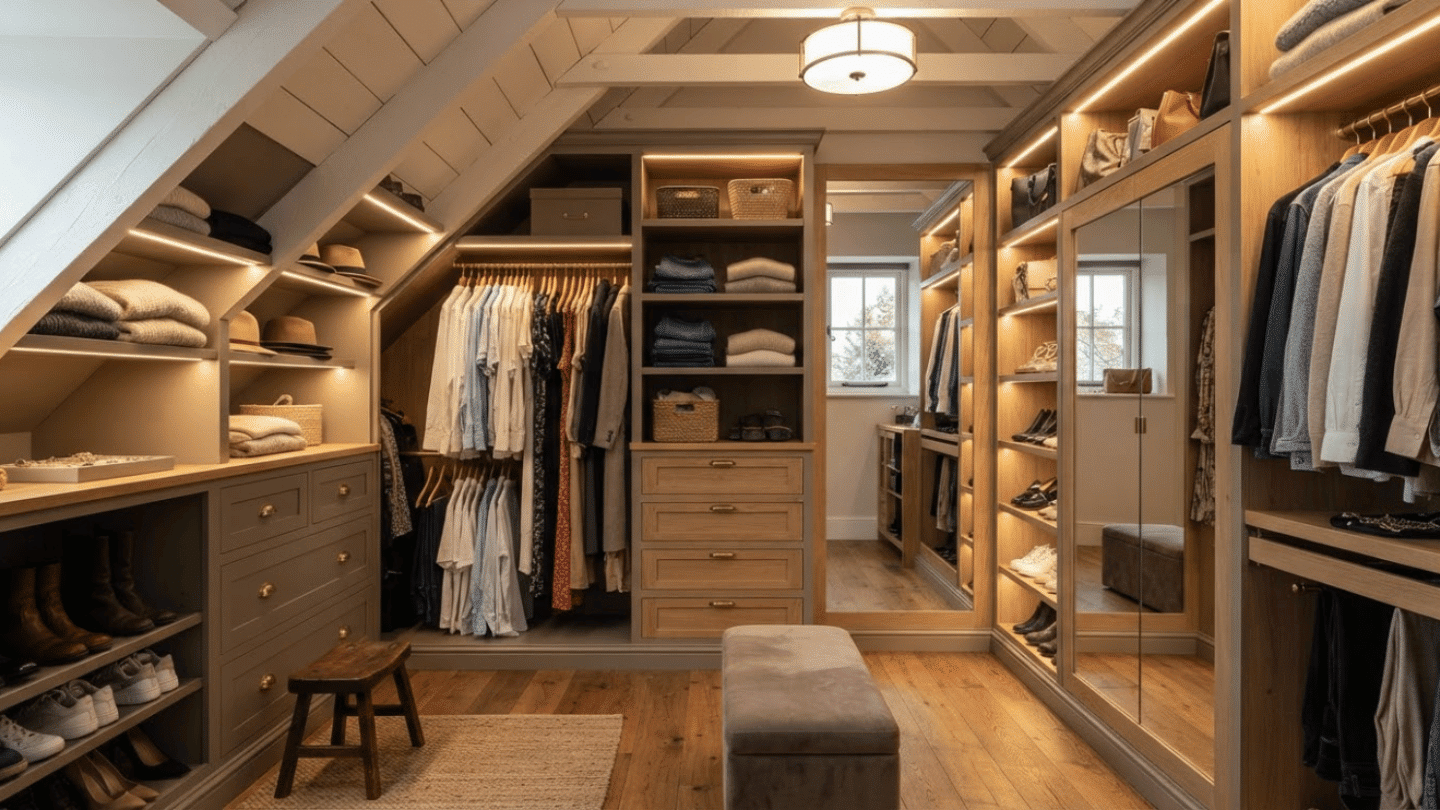 Attic walk-in closet with custom wardrobes, shelves, drawers, mirrors, and organized storage.