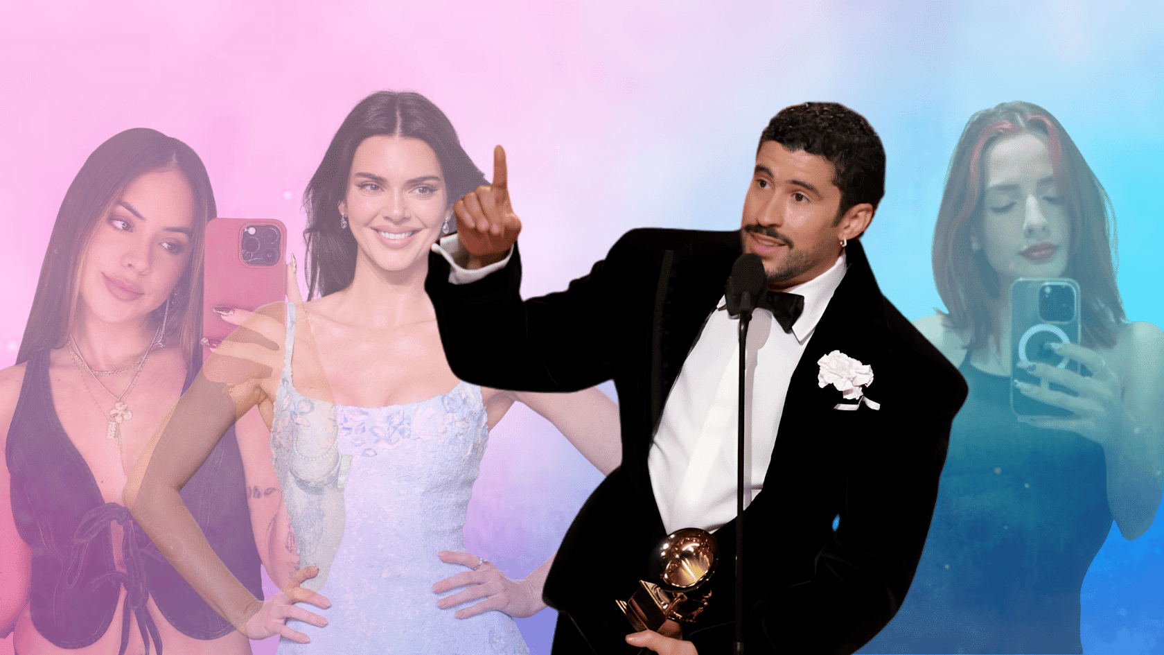 Bad Bunny dating history featuring Bad Bunny with Carliz De La Cruz Hernández, Gabriela Berlingeri, and Kendall Jenner collage