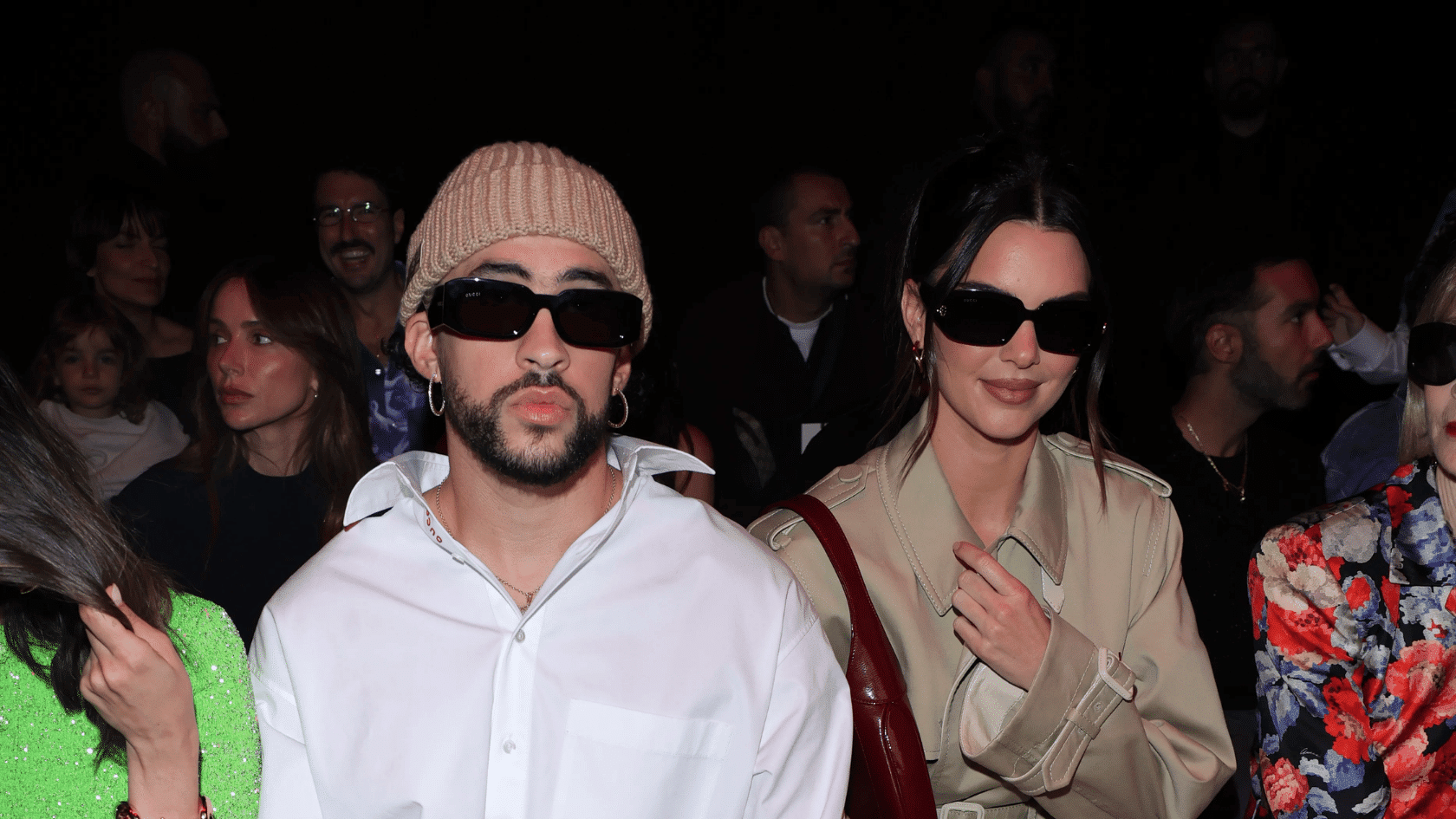 Bad Bunny dating history featuring Bad Bunny and Kendall Jenner attending an event together wearing sunglasses