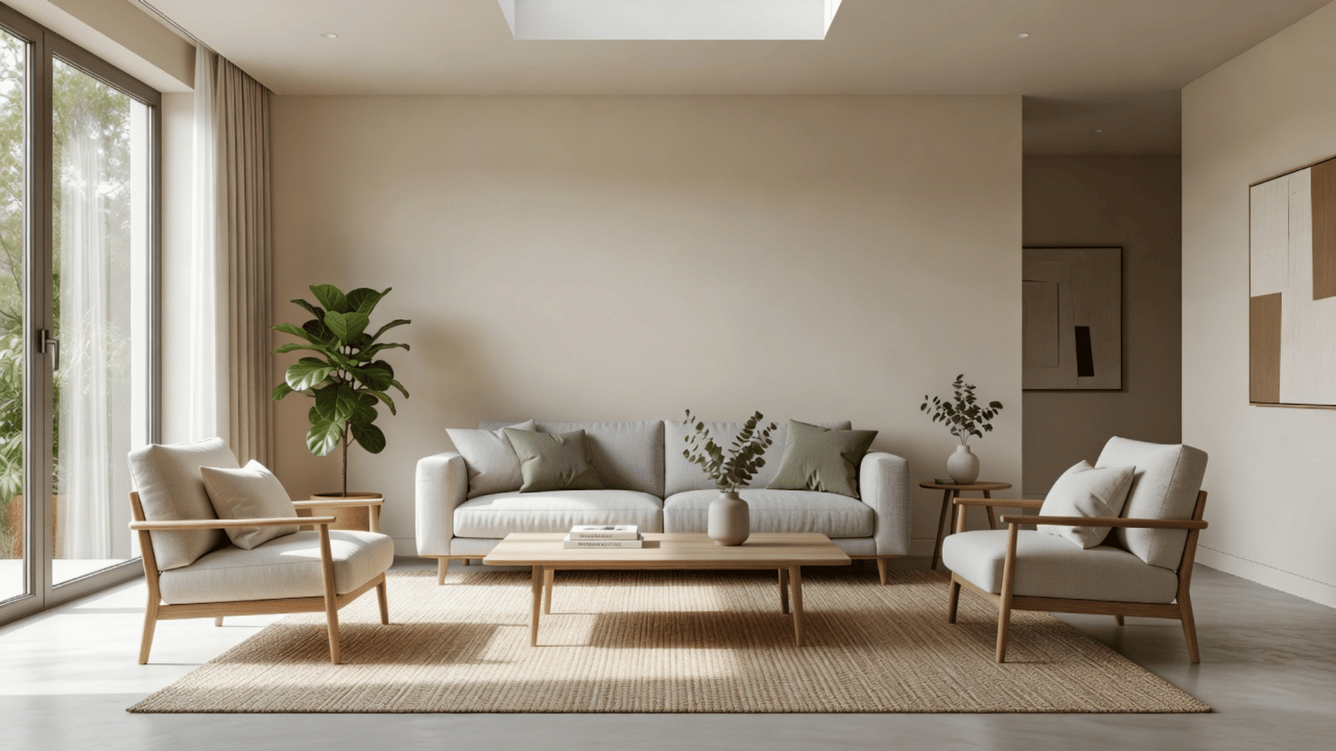 modern balanced living room with neutral tones, centered sofa layout, and cohesive lighting showing interior design basics.