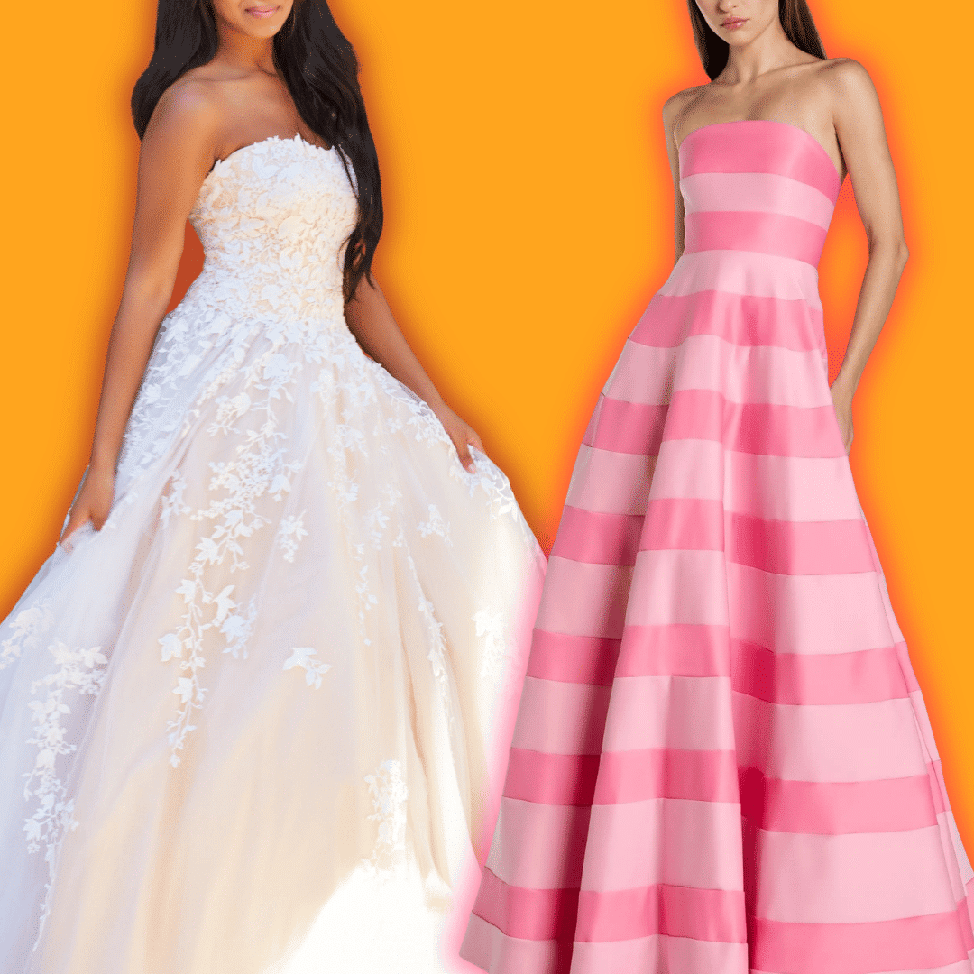 Ball gowns for women in white lace and pink stripes with strapless bodices and full floor length skirts.