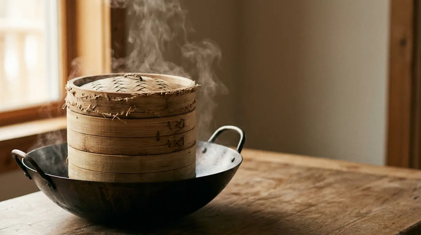 Bamboo steamer with rising steam on a wooden table by a window