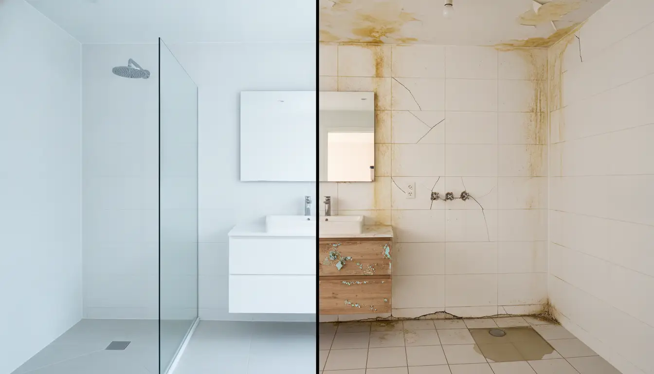 Split image of a bathroom renovation; clean modern shower versus cracked tiles and moldy walls