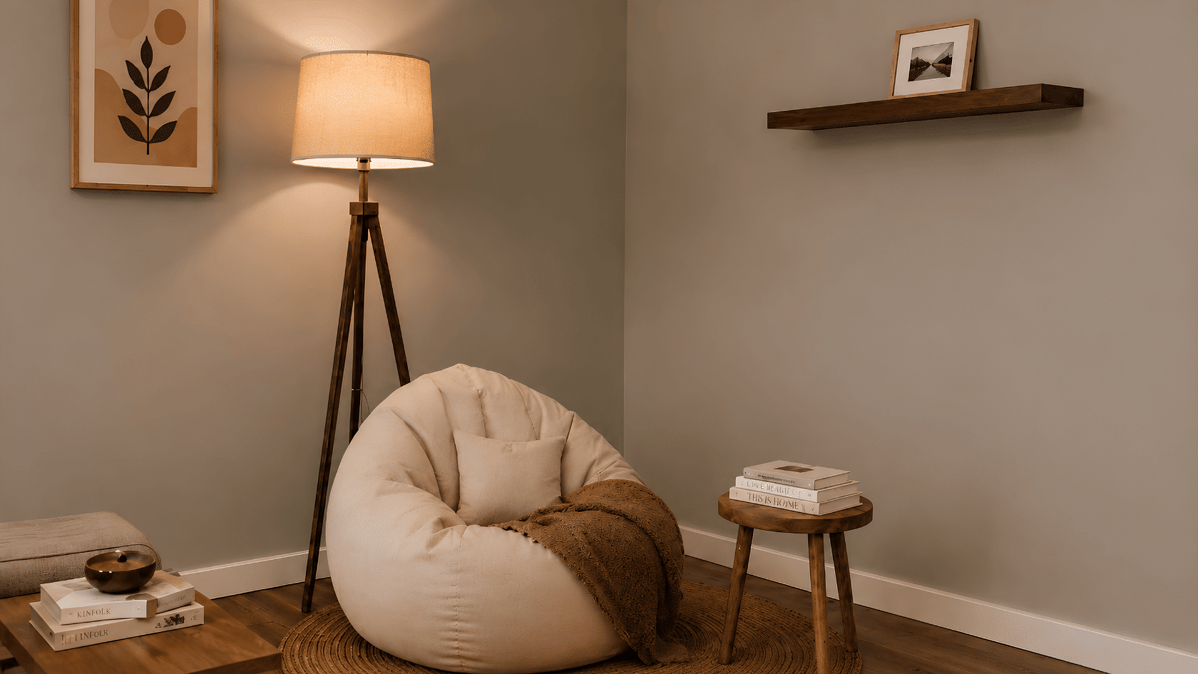 Bean bag chair with blanket, floor lamp, side table, shelf, and framed wall art.