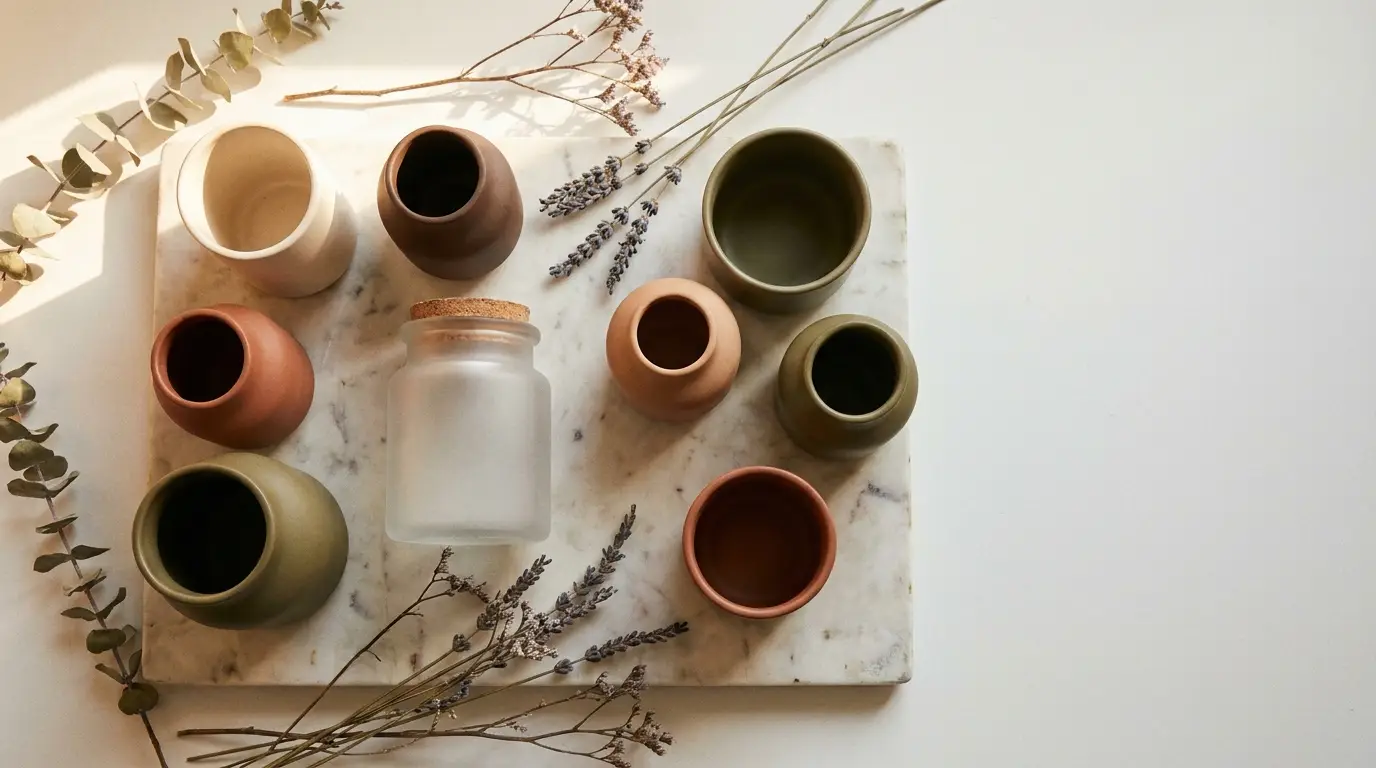 Ceramic cups and frosted jar arranged on marble slab with dried lavender and eucalyptus branches