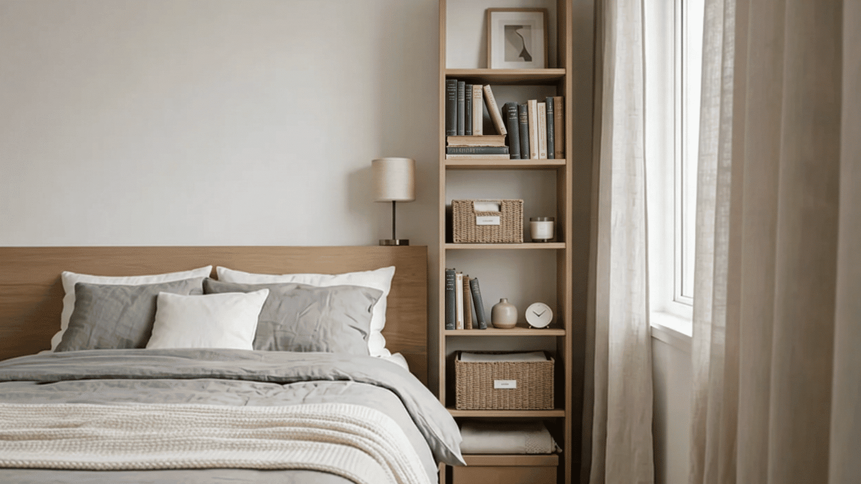 Bed with pillows, bedside lamp, bookshelf with books and baskets, and window with curtains.
