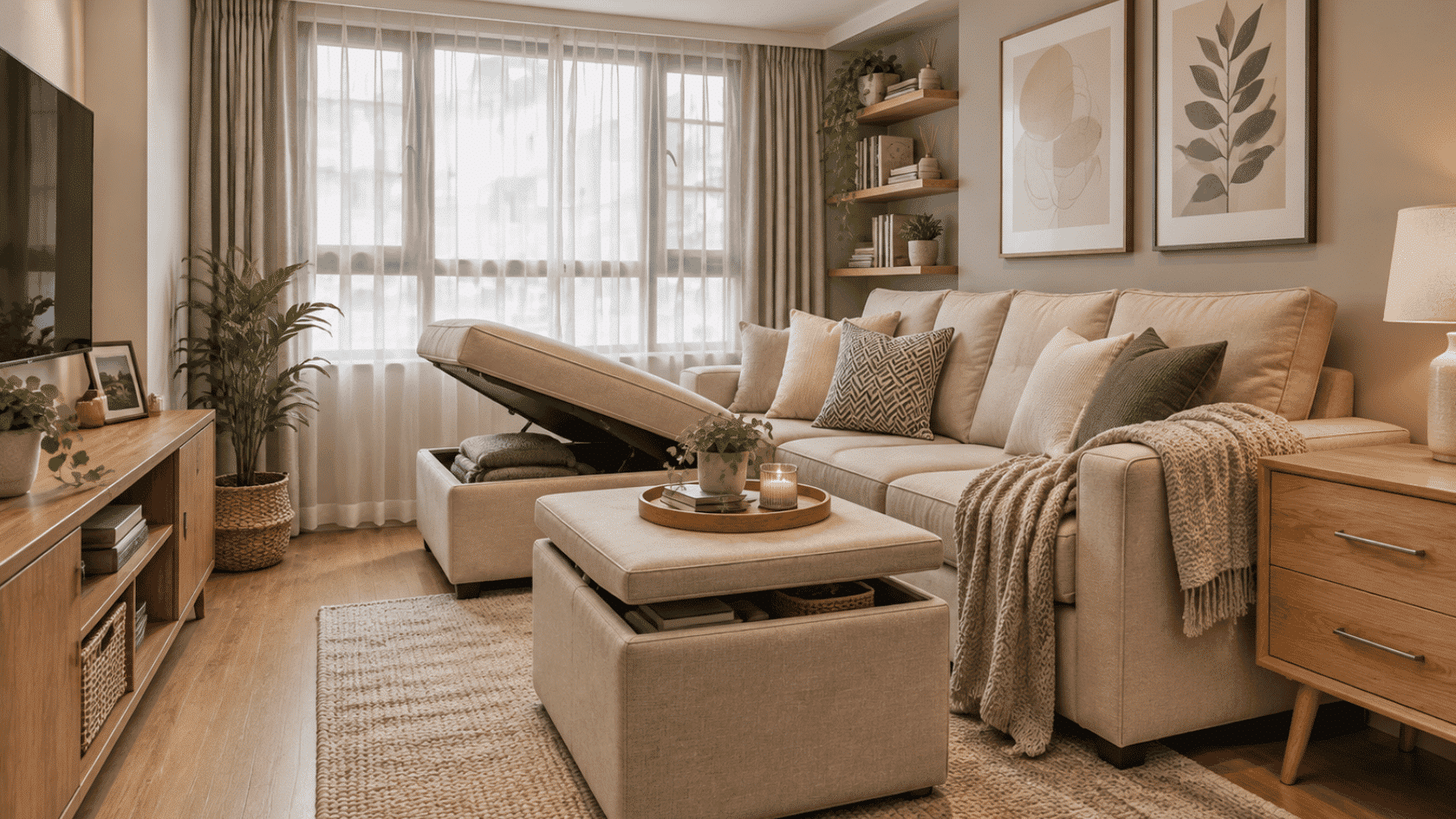 Beige living room with a storage ottoman, sofa, rug, and wooden furniture.