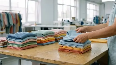 Person folding colorful sweaters on wooden table in clothing workshop with large windows