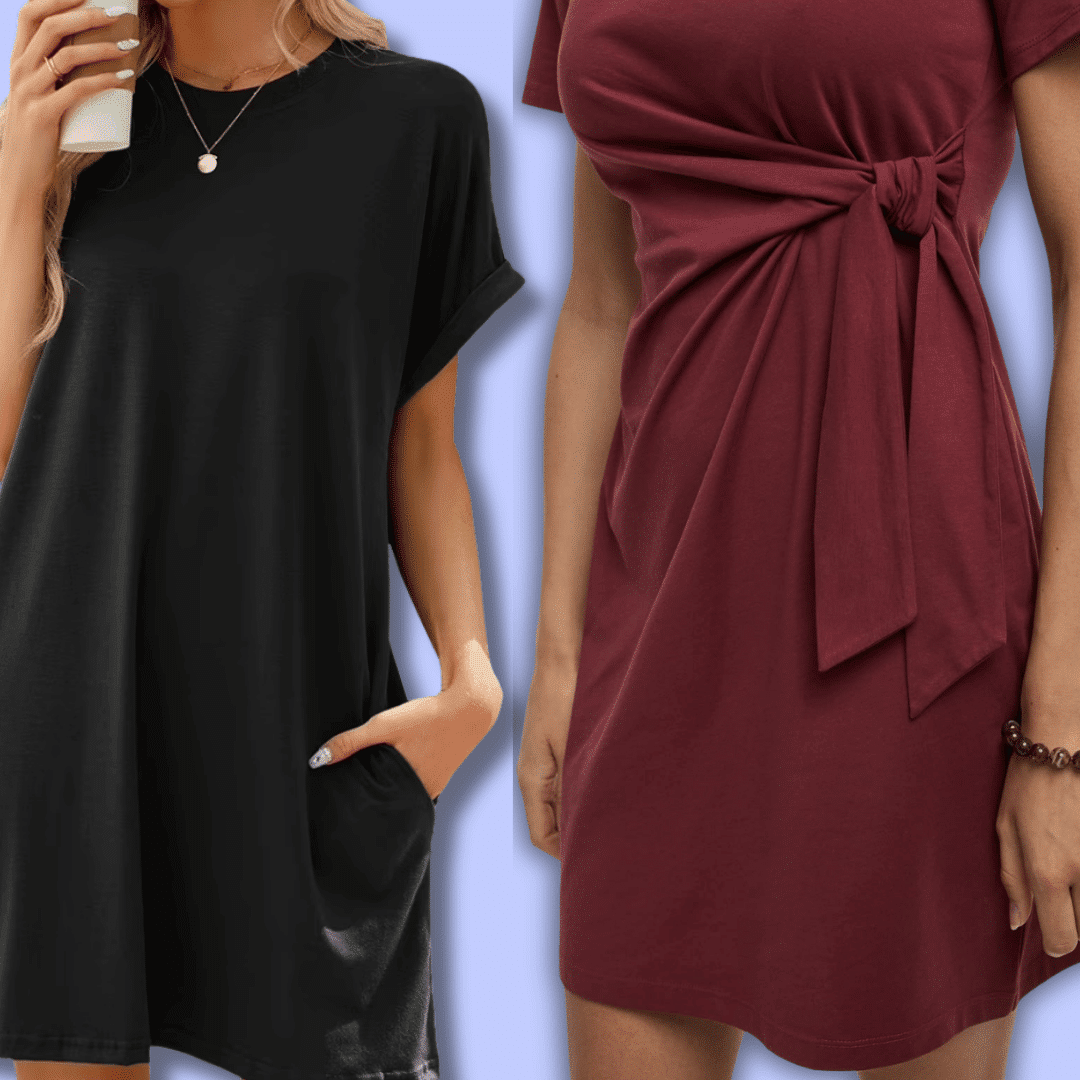 Black and burgundy T shirt dress styles with relaxed fits, short sleeves, pockets, and a flattering waist tie.