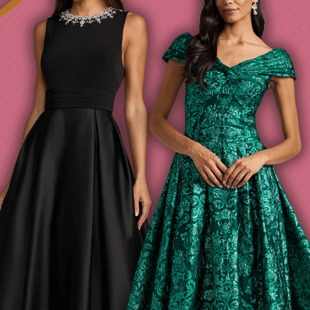 Black and emerald evening gown styles featuring jeweled details, elegant necklines, and full formal skirts.