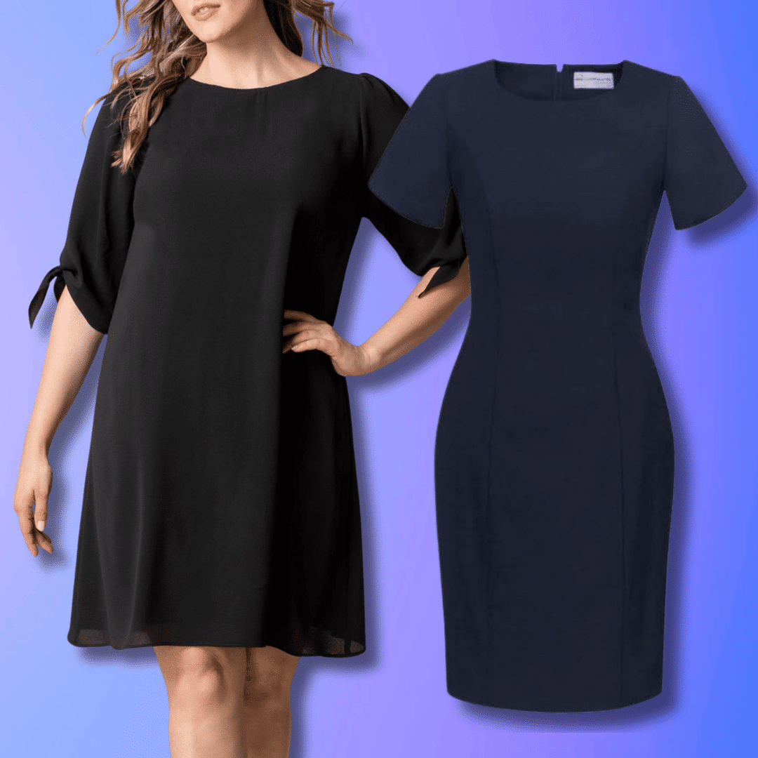 Black and navy shift dresses for women with short sleeves and simple relaxed silhouettes.