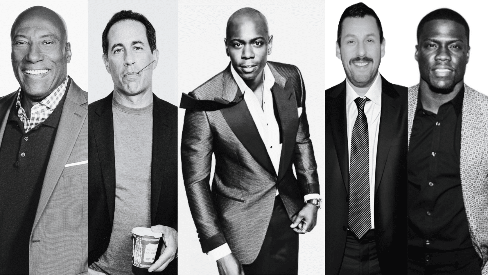 Black and white collage of five comedians posing in formal and casual outfits.