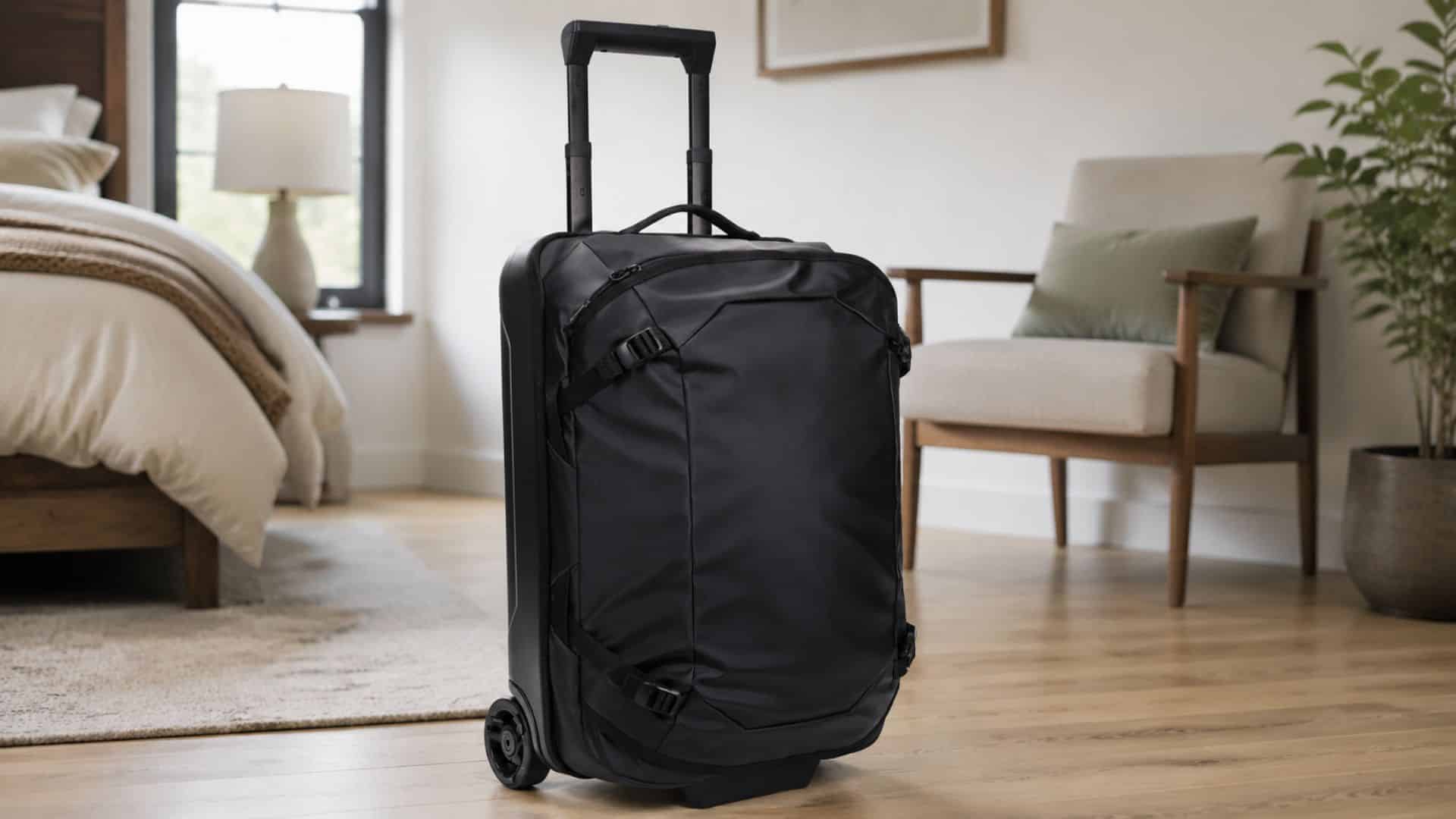 black carry-on duffel bag with wheels and telescoping handle placed in a modern bedroom setting