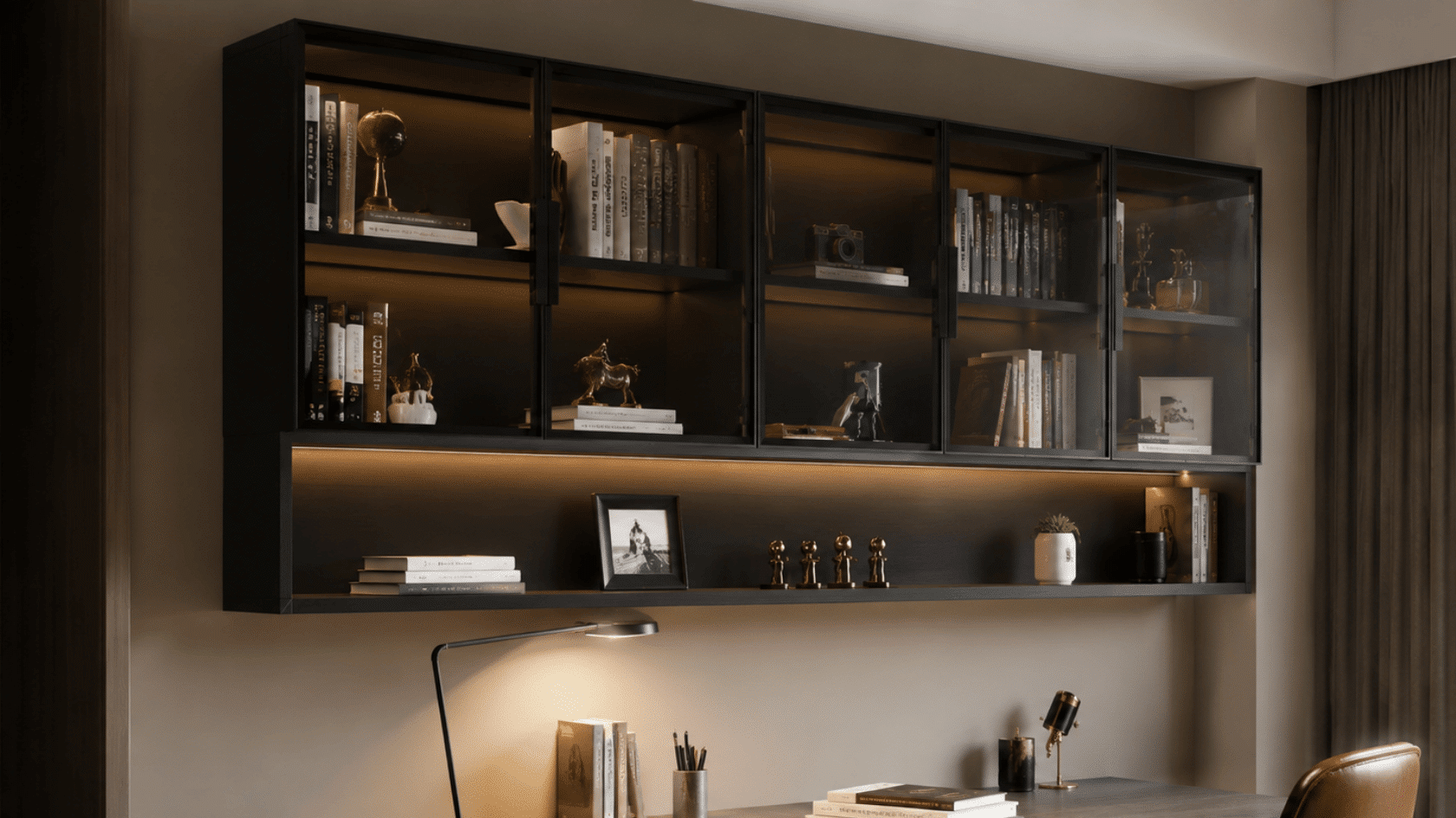 Black wall shelves with books, framed photos, decor items, desk, and lamp.