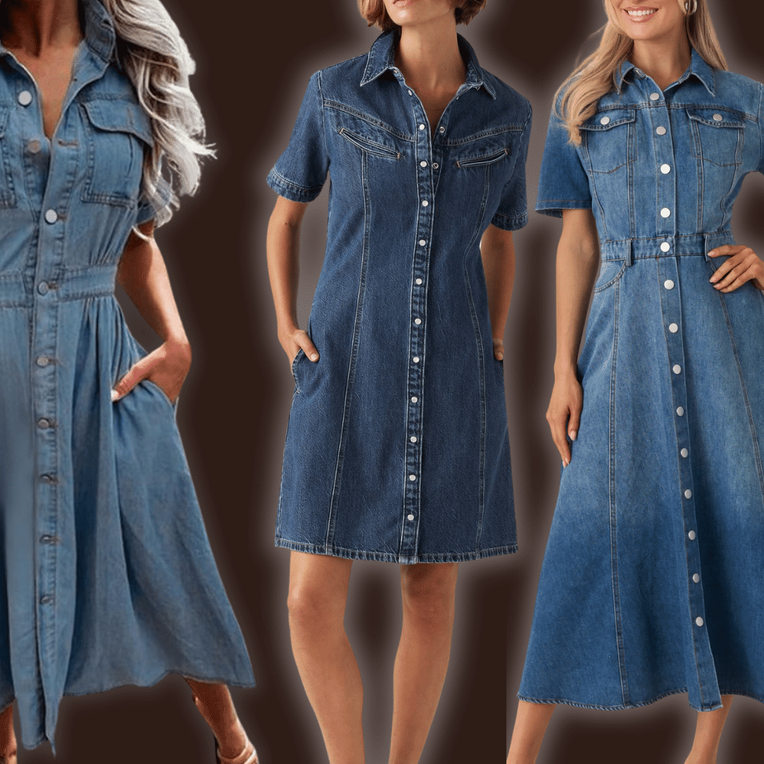 Blue denim dress styles with button front designs, short sleeves, fitted waists, and casual midi silhouettes.