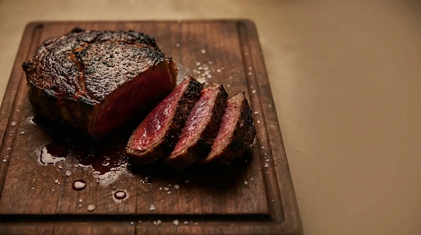 Sliced medium-rare steak on wooden cutting board with coarse salt sprinkled around