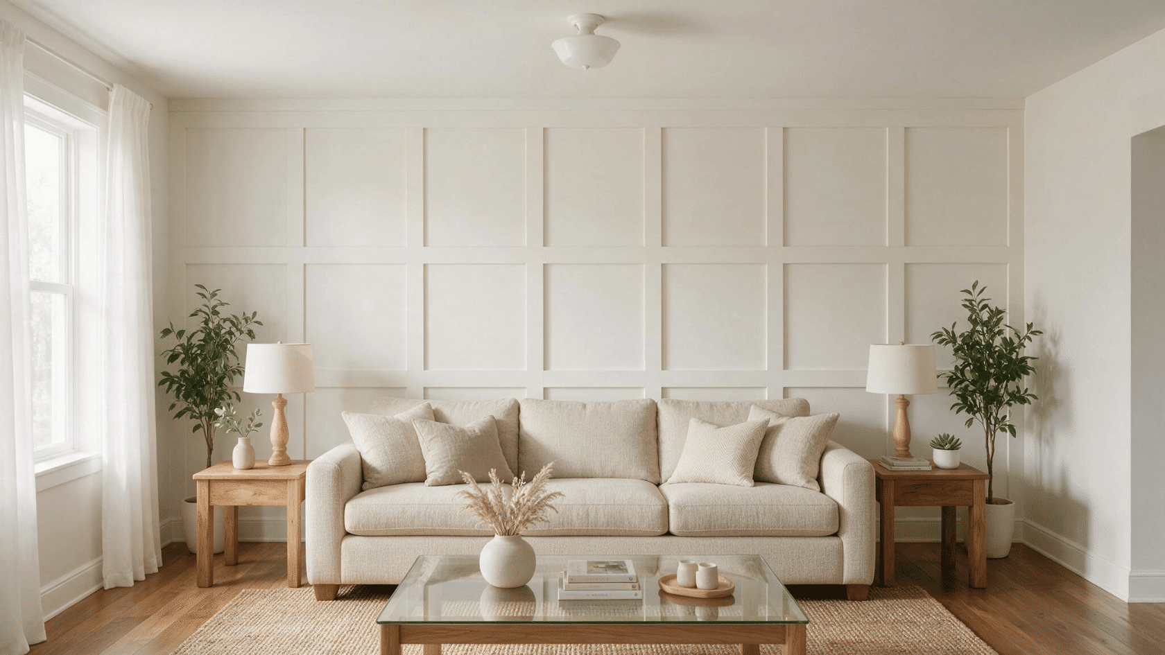 Living room with a painted board-and-batten accent wall with raised trim panels.