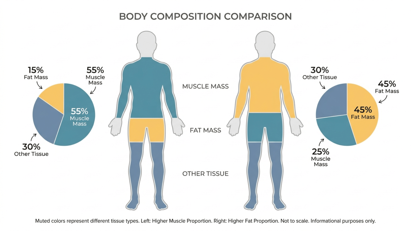 Body composition infographic showing two male silhouettes of the same height with pie charts comparing different muscle and fat mass proportions beside each figure.