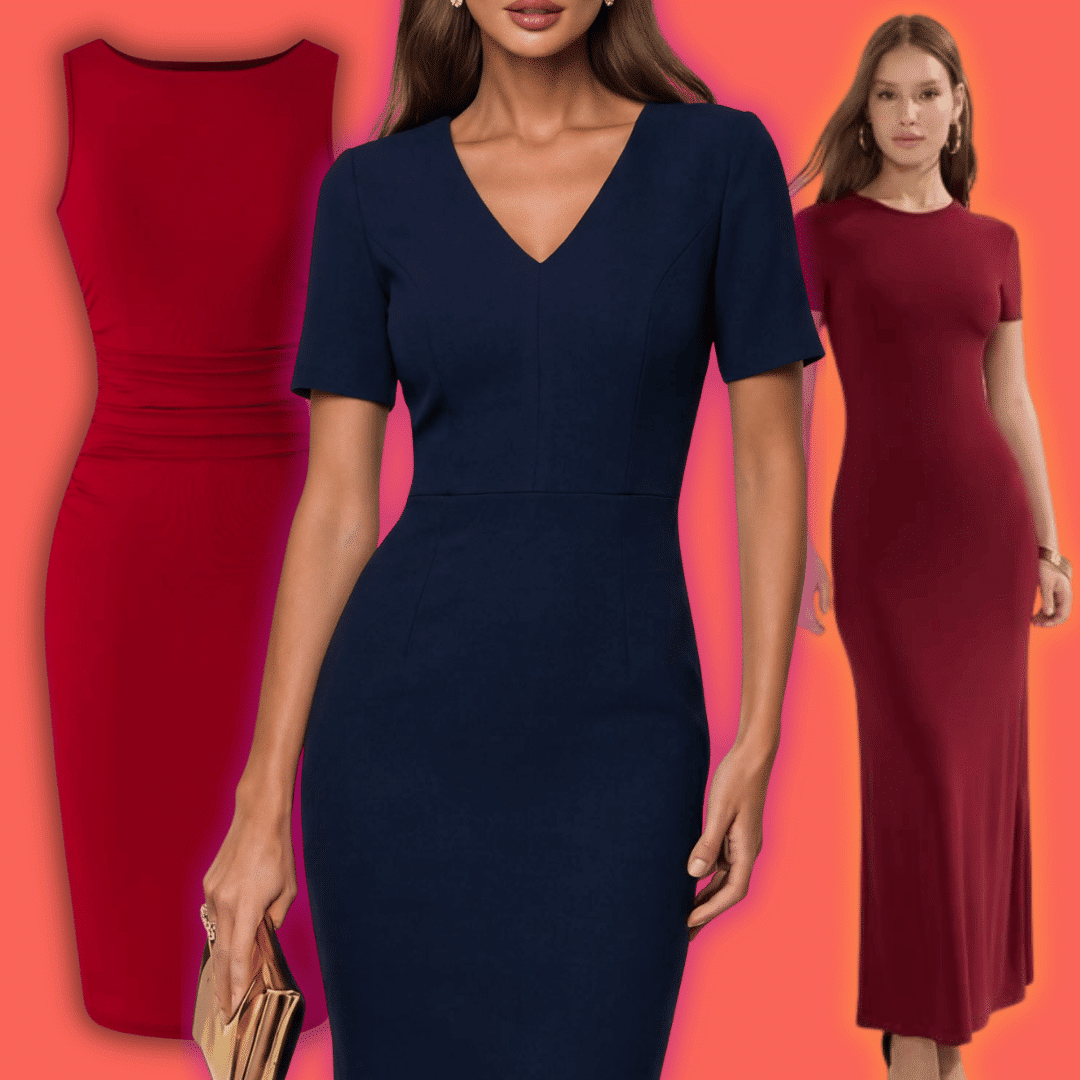 Bodycon dresses for women in navy and red with fitted silhouettes, short sleeves, and sleek evening styles.