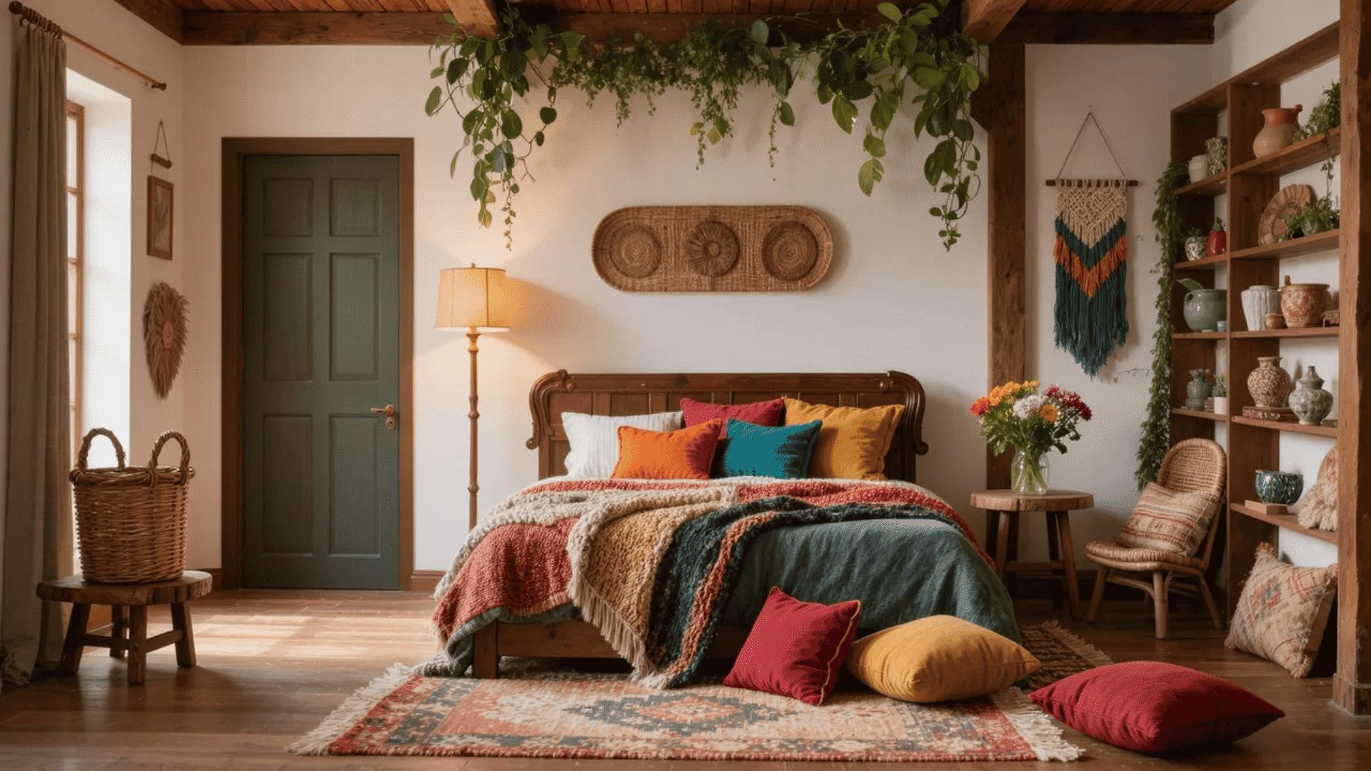 Bohemian interior design styles with layered textiles, colorful cushions, and vintage bedroom decor