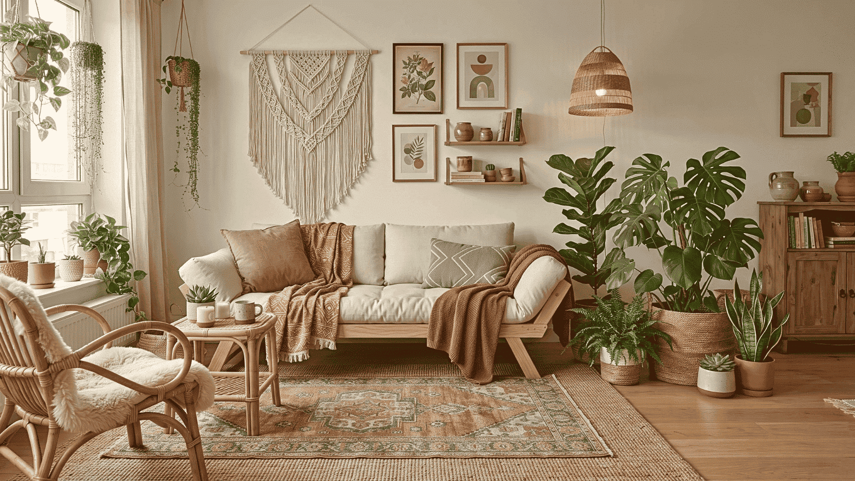 Bohemian room with modern interior styles using layered textiles, artistic accents, and vibrant decor for creative spaces