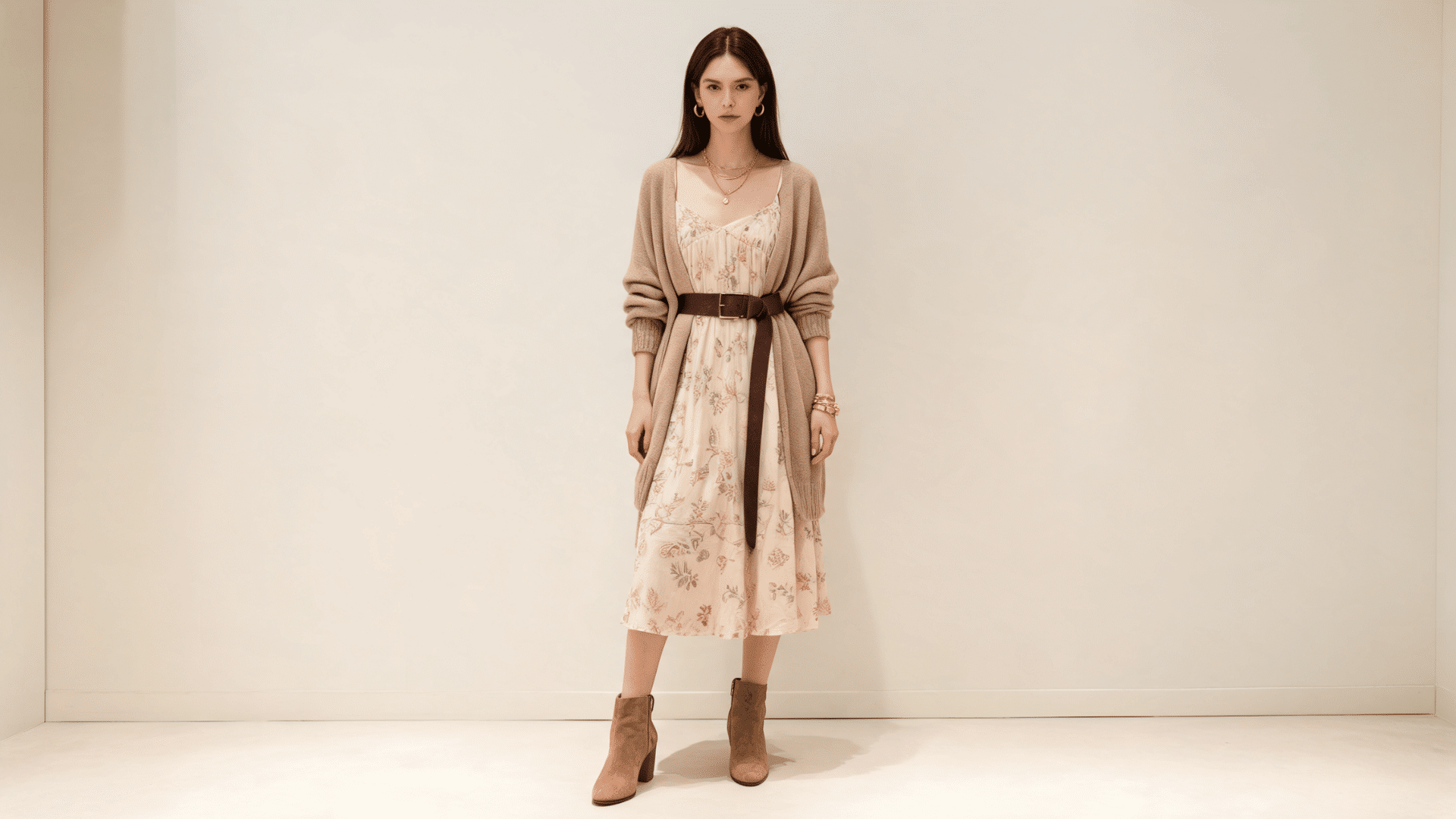 Boho midi dress with slouchy cardigan, belt, gold jewelry, and suede boots