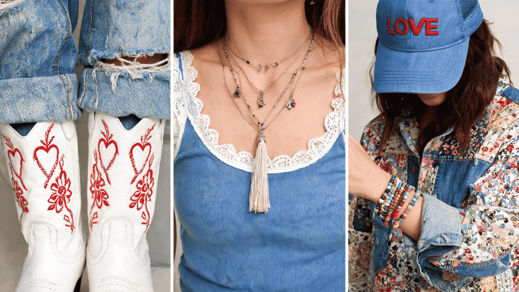 Boho outfit accessories featuring embroidered boots, layered necklaces, denim details, floral jacket, and colorful bracelets.