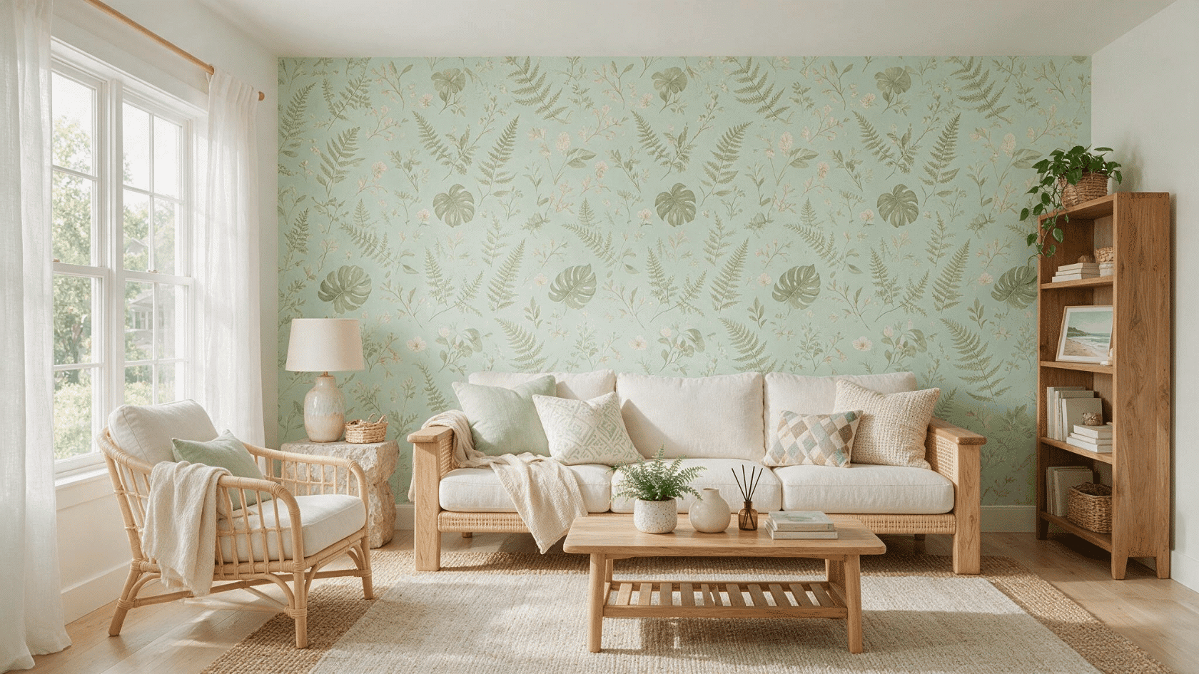 Living room with botanical wallpaper featuring leaf patterns and rattan furniture.