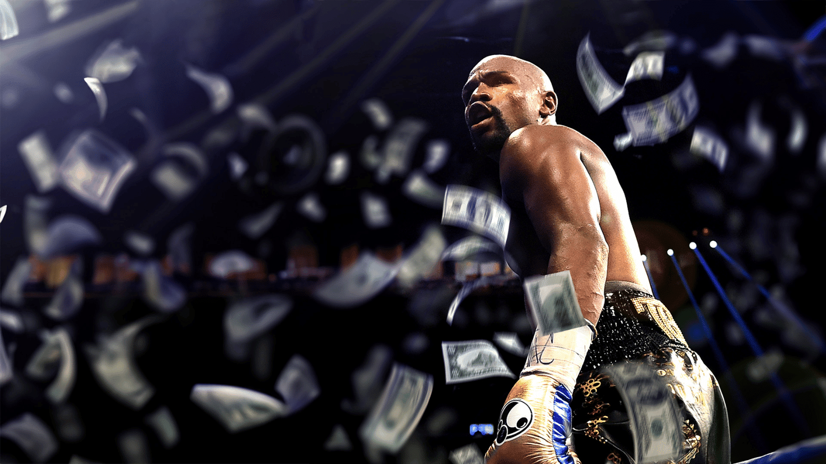 Boxer in boxing ring celebrating as paper money flies around him under arena lights