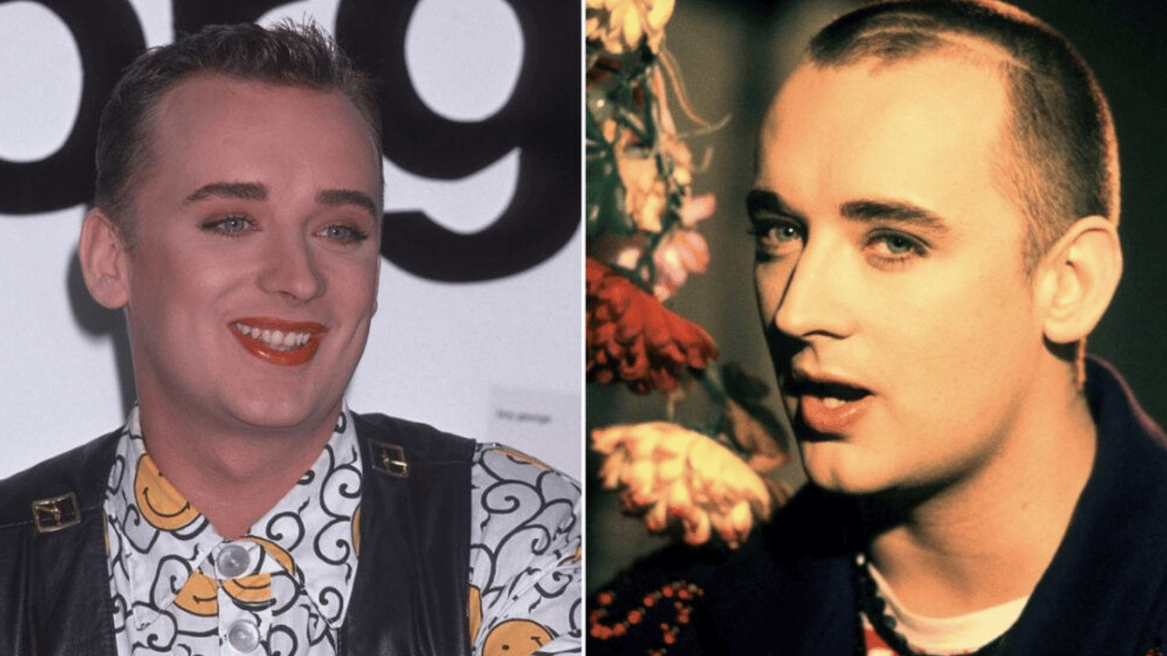 Side-by-side comparison of Boy George with short hair and makeup from different eras.