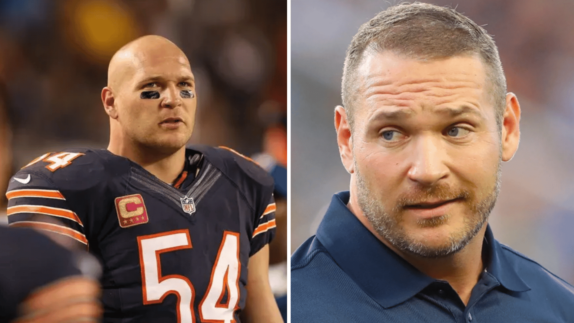 Side-by-side images of NFL player Brian Urlacher in a Chicago Bears jersey during his playing career and a later close-up portrait.