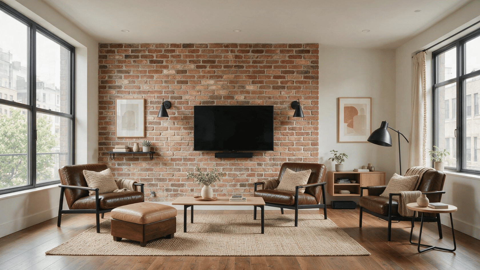Living room with a brick accent wall, leather furniture, and black metal fixtures.