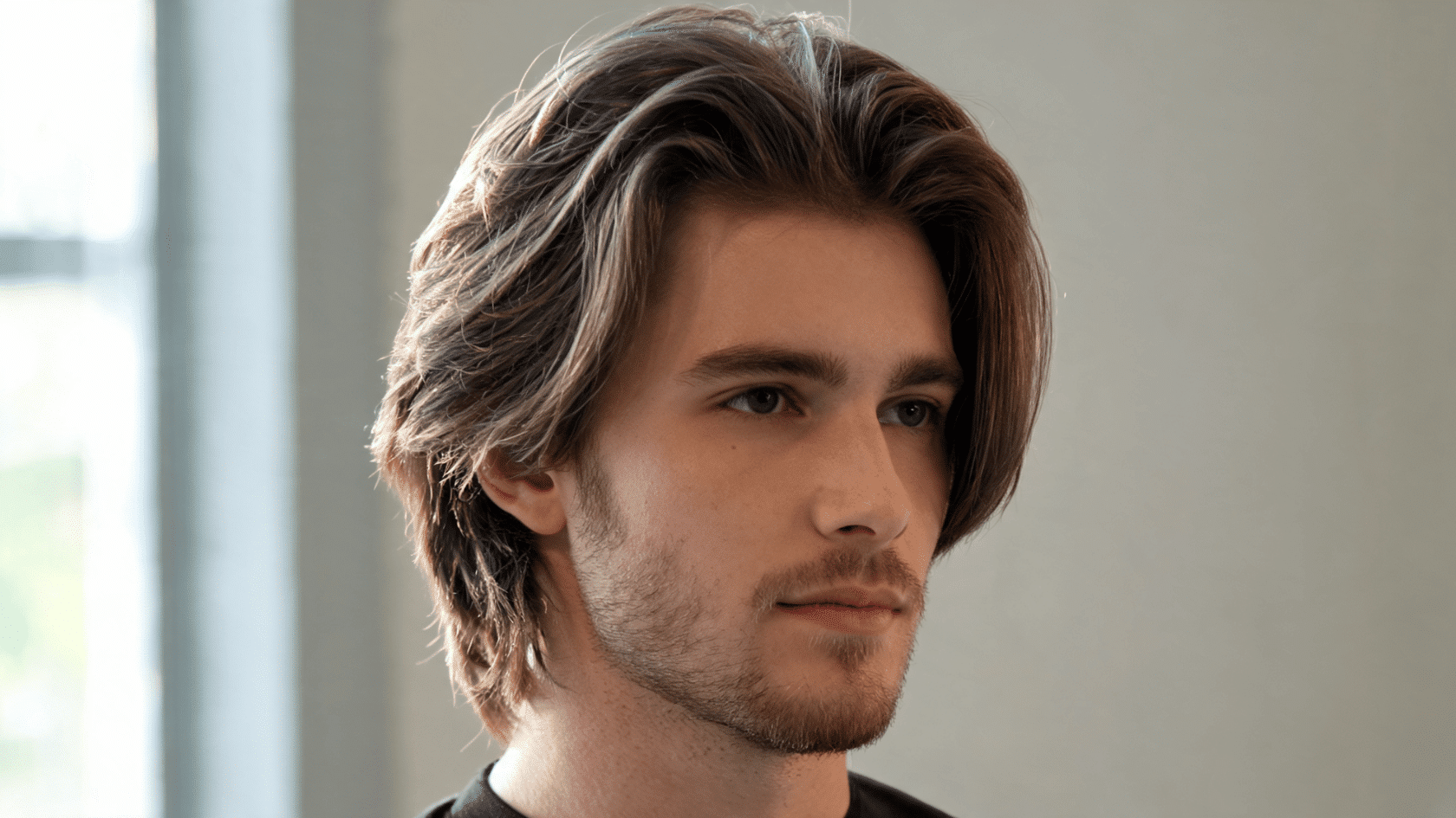 Man with a medium-length “bro flow” hairstyle with natural volume and relaxed layers, shown in a softly lit indoor setting.