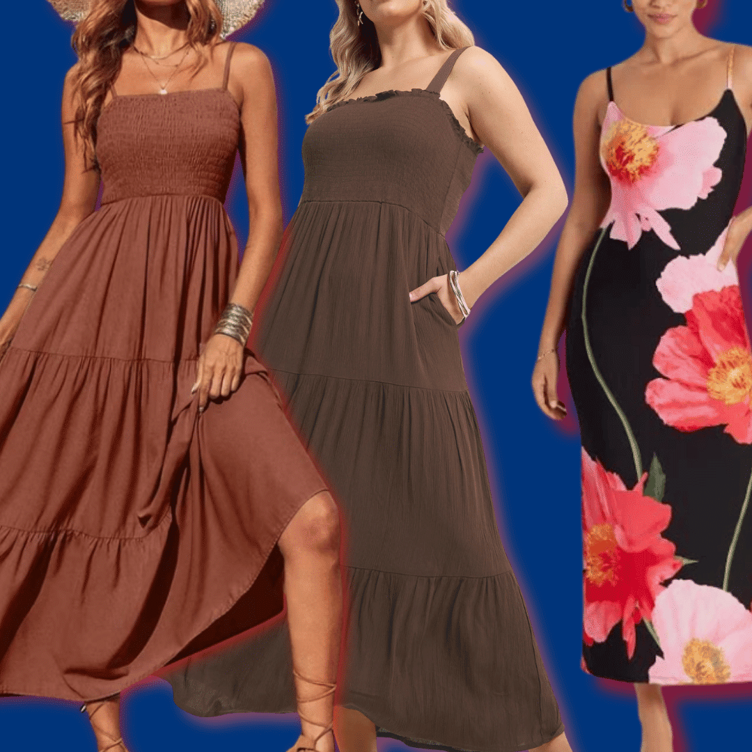 Brown and floral maxi sundress styles with flowing skirts, thin straps, and breezy summer designs.