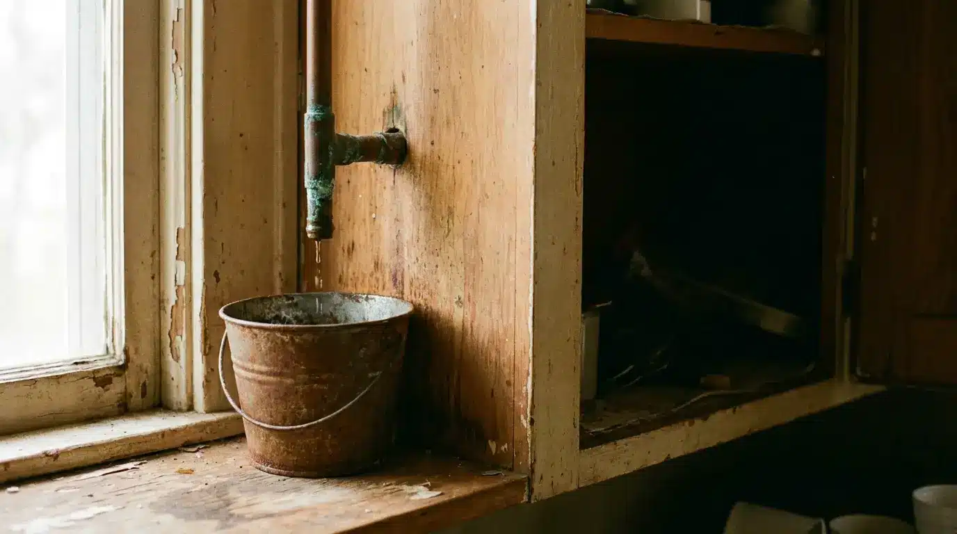 Rustic metal bucket catching water from dripping pipe in worn wooden cabinet setting