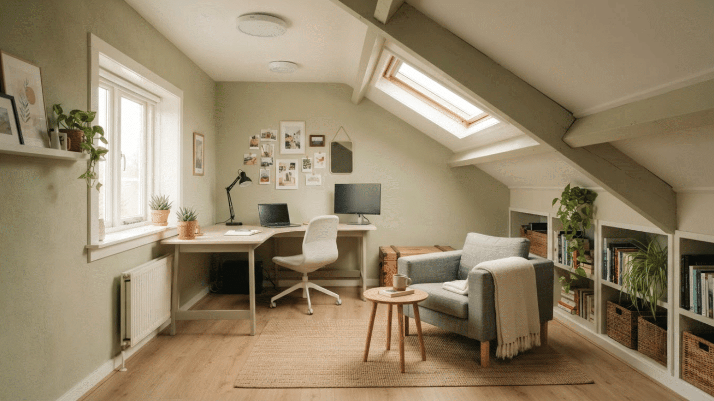 Budget-friendly attic makeover with fresh paint, lighting updates, simple furniture, and décor.